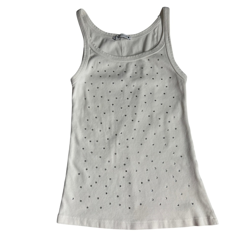 Zara Women Rhinestone Bling Ribbed Tank Top Muted White Sleeveless Womens Small